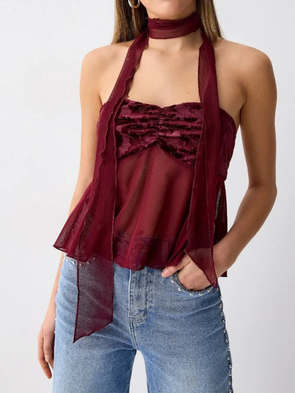 Pretty Garbage 2-Piece Set: Flocked flowers mesh scarf and tube top set